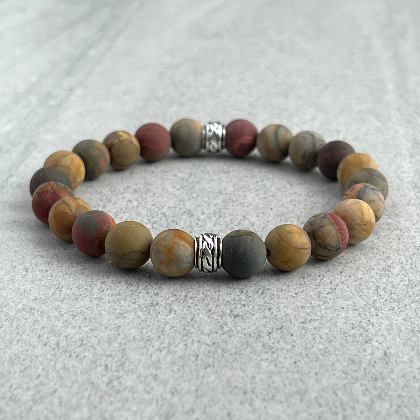 Matte Picasso Jasper Beaded Stretch Bracelet with Celtic Accent Bead