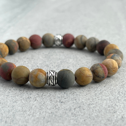 Matte Picasso Jasper Beaded Stretch Bracelet with Celtic Accent Bead