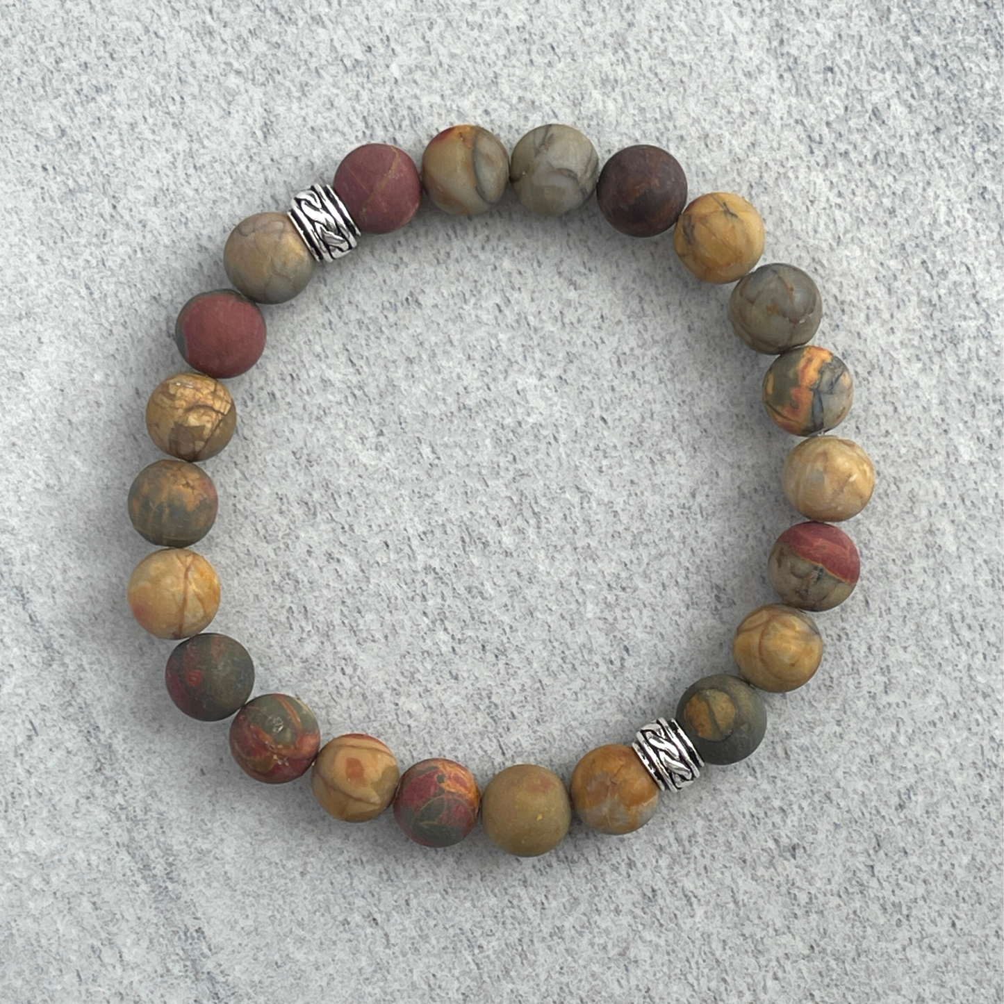 Matte Picasso Jasper Beaded Stretch Bracelet with Celtic Accent Bead