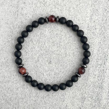 matte onyx and red tiger eye beaded bracelet