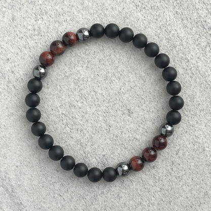 Matte Onyx, Hematite and Red Tiger Eye Beaded Bracelet