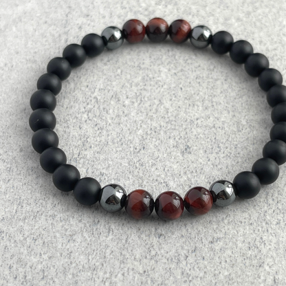 Matte Onyx, Hematite and Red Tiger Eye Beaded Bracelet