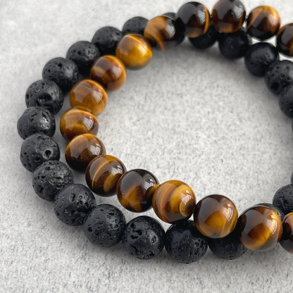 Yellow Tiger Eye, Lava or Matte Onyx, Gemstone Beaded Stretch Bracelet