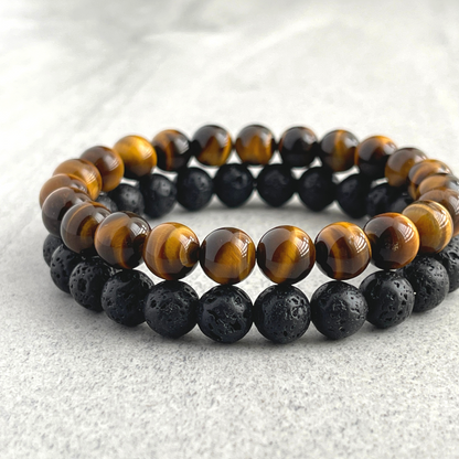 Yellow Tiger Eye, Lava or Matte Onyx, Gemstone Beaded Stretch Bracelet