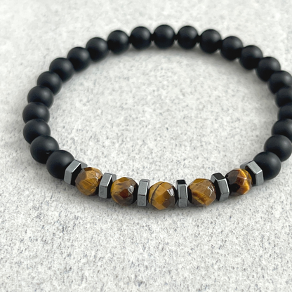 Matte Onyx with Faceted Yellow Tiger Eye and Hematite