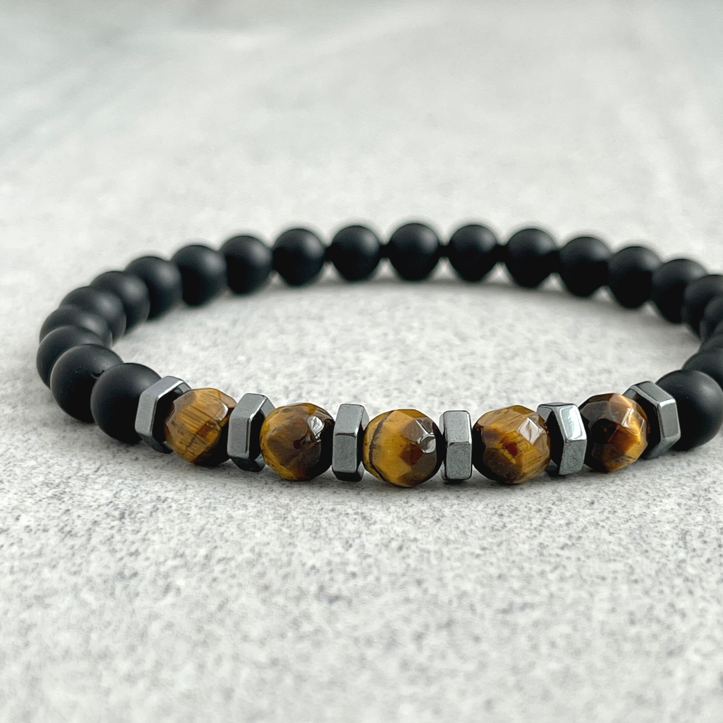 Matte Onyx with Faceted Yellow Tiger Eye and Hematite