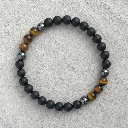 Matte Onyx, Hematite and Yellow Tiger Eye Beaded Bracelet