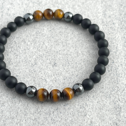 Matte Onyx, Hematite and Yellow Tiger Eye Beaded Bracelet